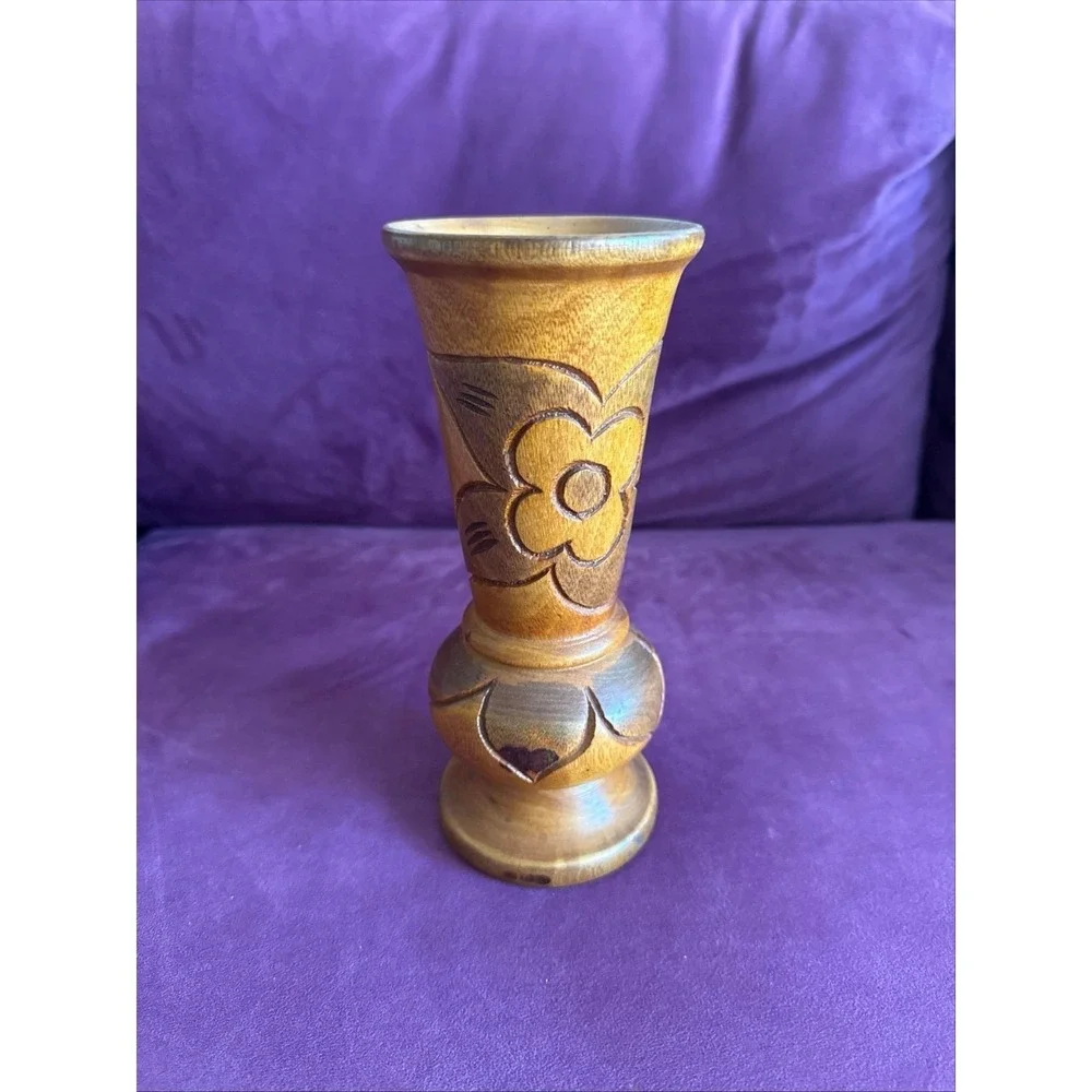 Hand Carved Vtg Wood Vase Flower Tiki Bar MCM Standing 8.5